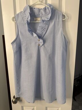 Mud Pie Light Blue & White Seersucker Ruffle Neck Sleeveless Tunic